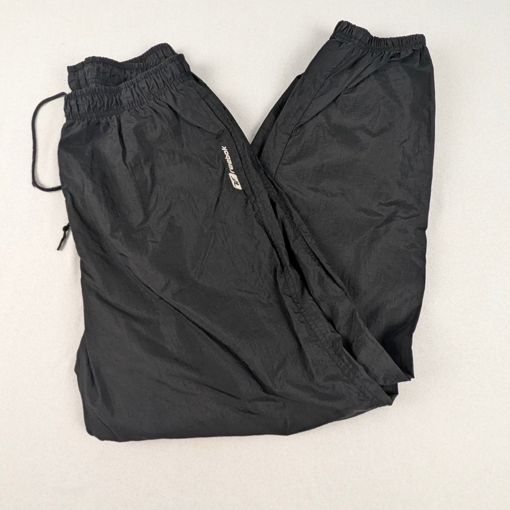 Vintage Reebok Black Nylon Track Pants Mens Medium Windbreaker Joggers Retro Y2K